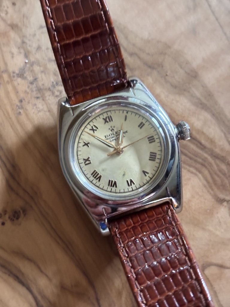 Rolex Oyster Perpetual Bubbleback 1944 boîte et papiers, Staal, Met bandje, Polshorloge, 1930 tot 1960