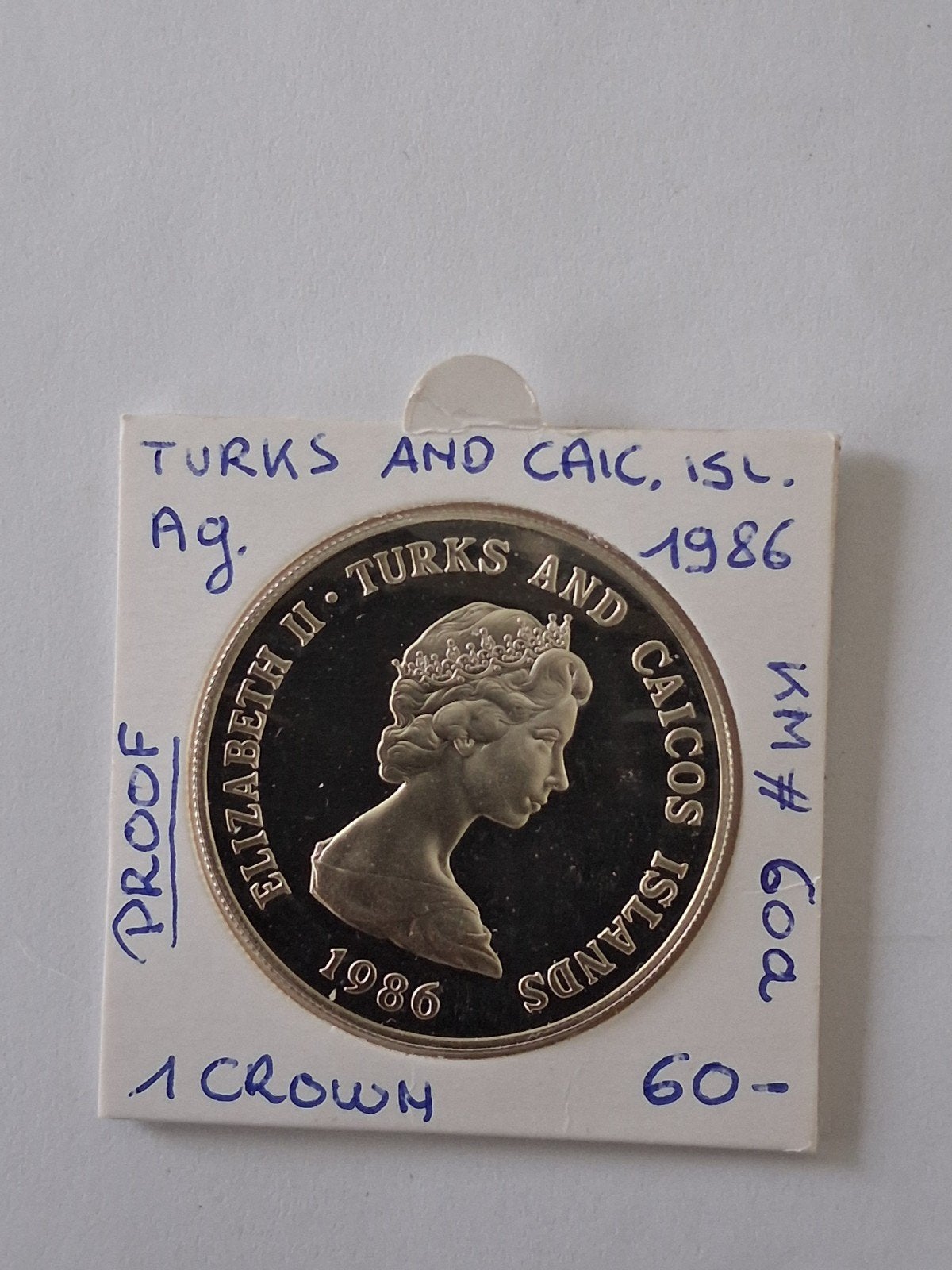 Turks and caic.islands 1 crown 1986 AG PROOF, Ophalen of Verzenden
