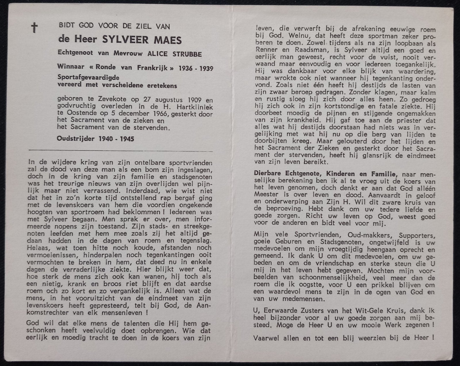 Bidprent Wielrenner Sylveer Maes, Ophalen of Verzenden