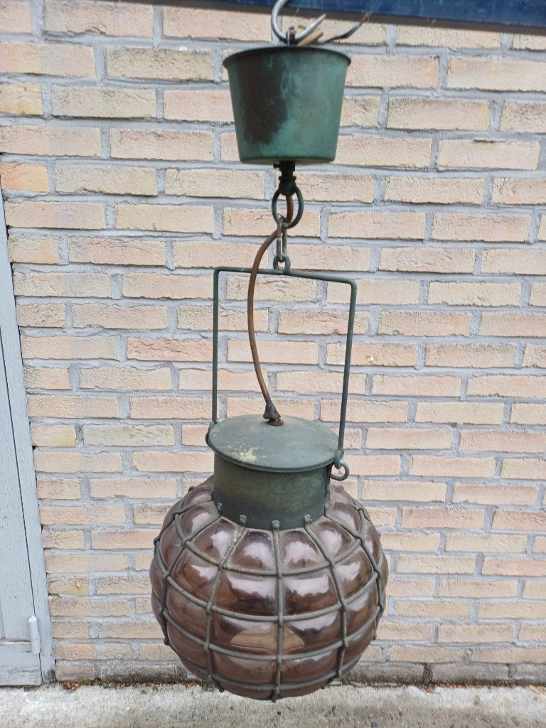 lampe suspendue en cuivre antique, Antiek, Enlèvement, Verre, E27 (grand)