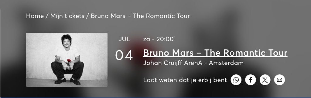 Bruno Mars ticket 4 juli, Tickets & Billets, Concerts | Pop, Une personne, Juillet