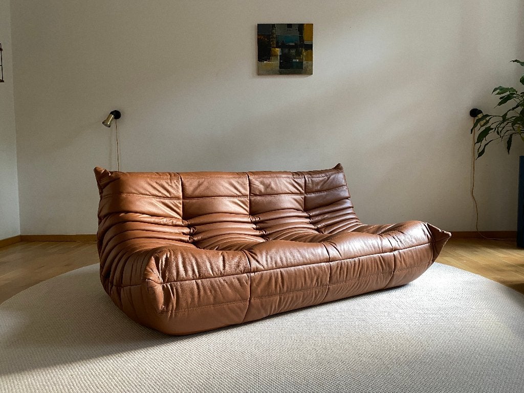 Ligne Roset - Togo - 3-zitter Zetel/Sofa - Cognac Bruin Leer, 150 tot 200 cm, Driepersoons, Leer, Zo goed als nieuw