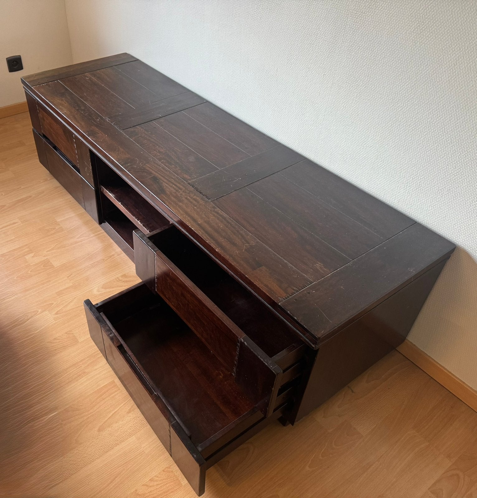 Donker eiken tv-meubel, Huis en Inrichting, Ophalen, Gebruikt, 150 tot 200 cm, Eikenhout