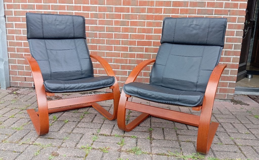2 VERIKON SCANDINAVISCHE RELAXZETELS FAUTEUILS LEER, Huis en Inrichting, Fauteuils, Hout, Leer, 50 tot 75 cm, Ophalen