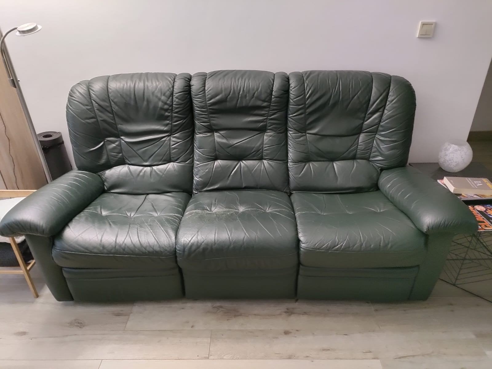Ensemble divan 3pl + 1 fauteuil 1pl cuir vert foncé relax, Maison & Meubles, 75 à 100 cm, Banc droit, Enlèvement, Utilisé