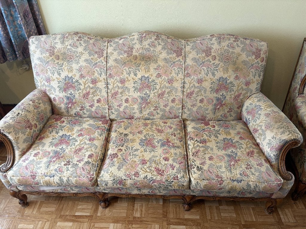Klassieke Louis XV salon – 3-zit sofa + 2 fauteuils + poef, Ophalen, Gebruikt, Hout