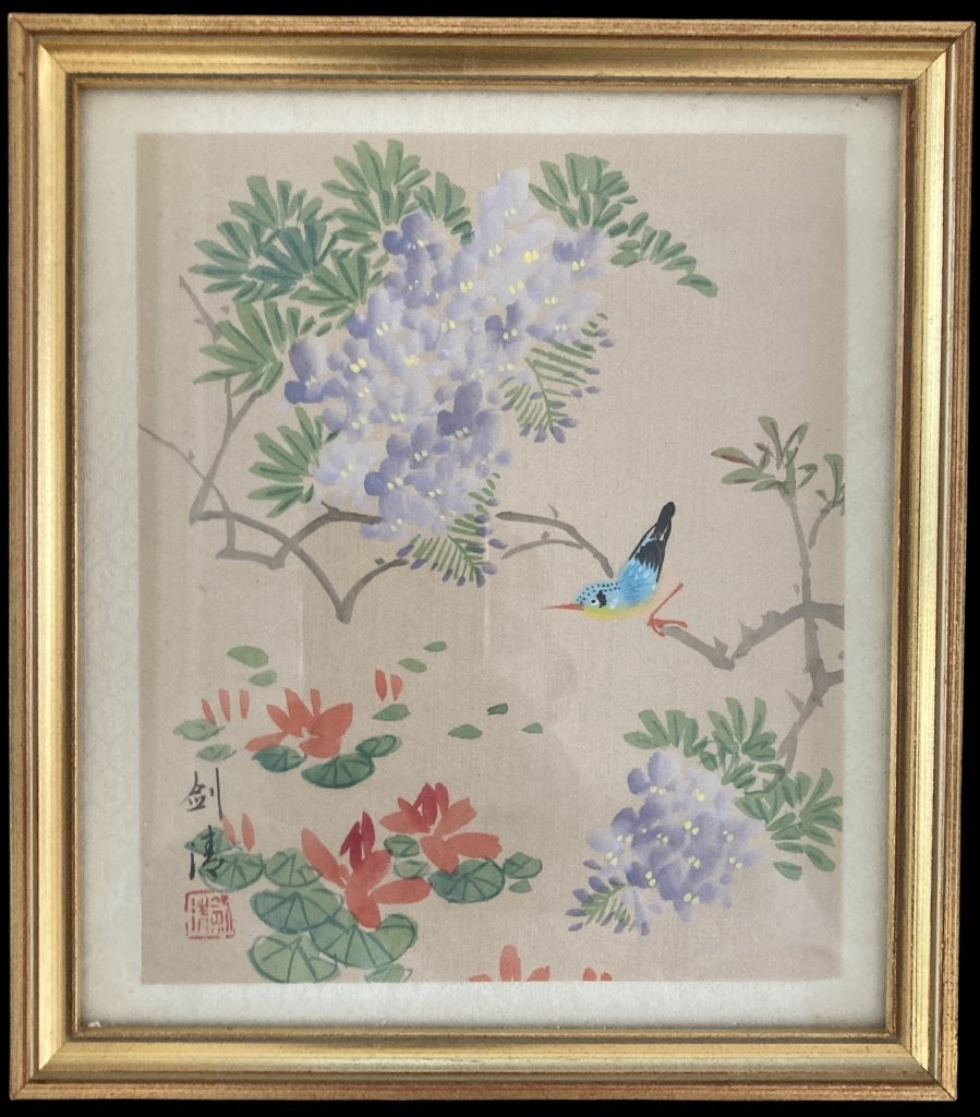 Authentique peinture sur soie asiatique 1970-80 - Signée 剑涛, Enlèvement ou Envoi, Autres techniques, Encadré, Animaux