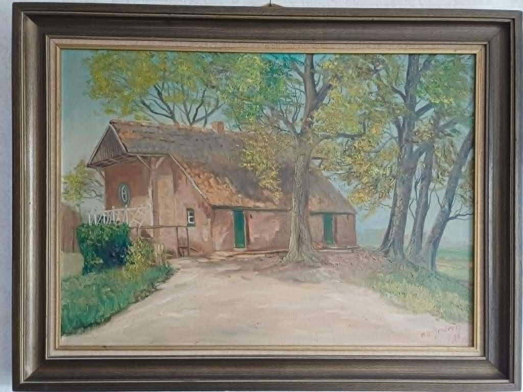 Mooie schilderij Hoevemotief met originele kader 61x82 cm, Antiek en Kunst, Kunst | Schilderijen | Klassiek, Ophalen, Doek, Bijzondere lijst