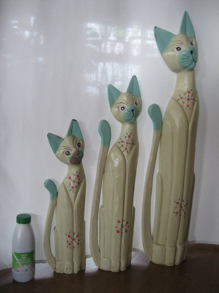 Trio houten poezen, Verzamelen, Ophalen of Verzenden, Gebruikt, Dier