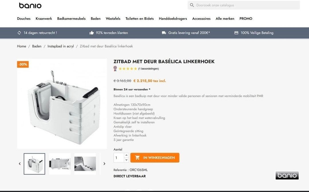 Te koop: Basélica zitbad met deur, ook ideaal als instapbad, Huis en Inrichting, Badkamer | Badkamermeubels, Ophalen