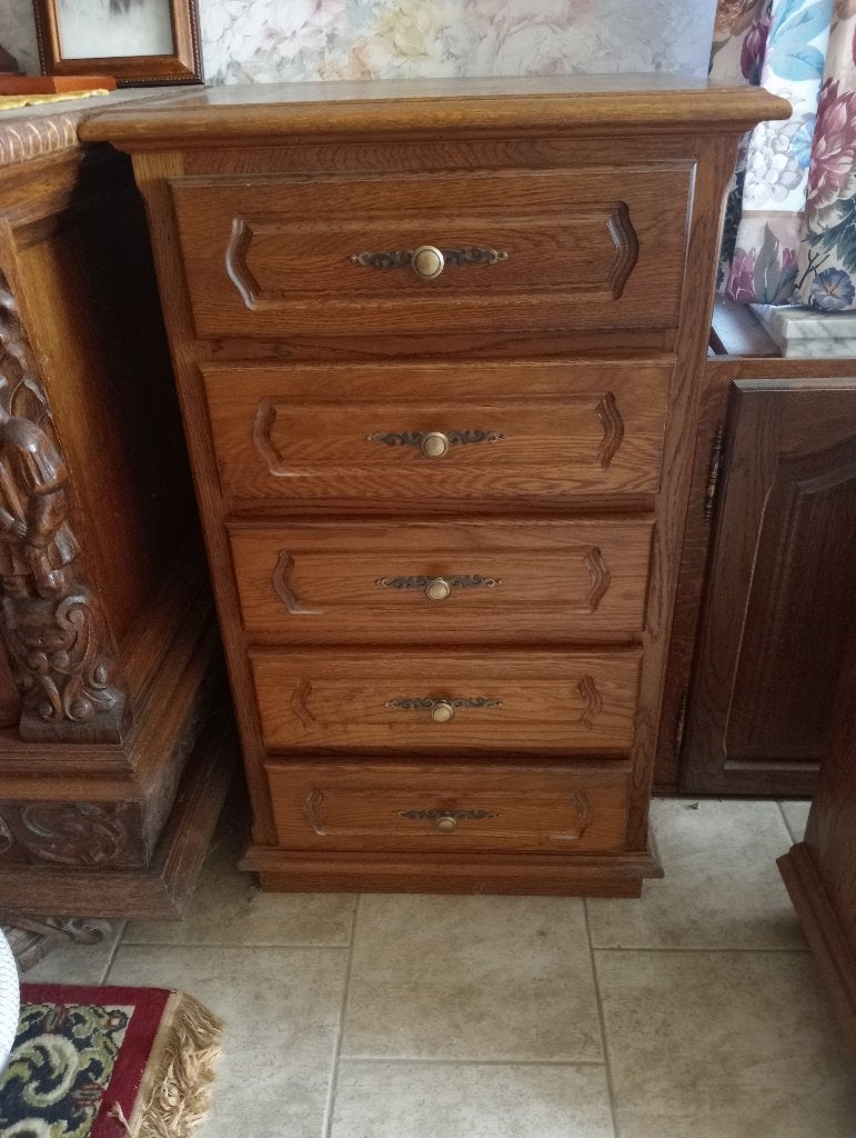 Vintage eikenhouten ladekast 5 laden, Ophalen, Gebruikt, Eikenhout, 50 tot 100 cm