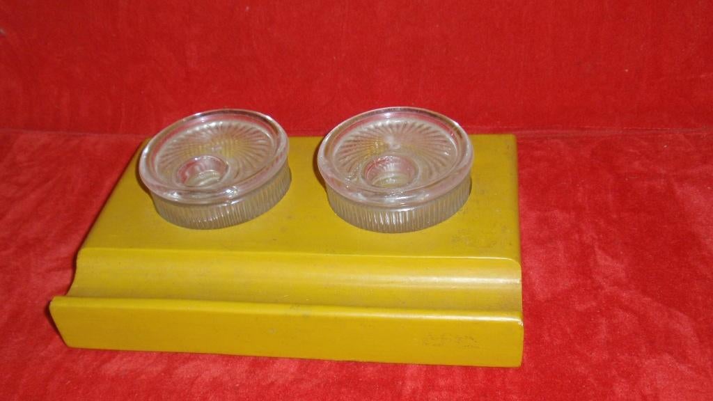 Oud jaren 1920/30 inktstel beukenhout en glas inktpot, Ophalen of Verzenden