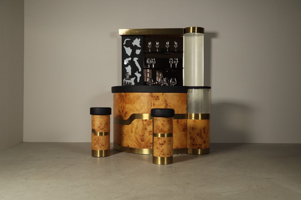 Bar à cocktails en ronce italienne avec deux tabourets, 70s, Enlèvement, Utilisé