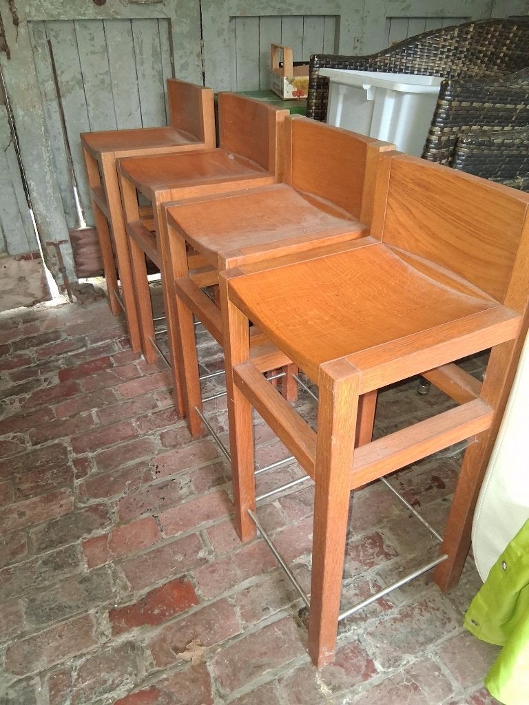4 barkrukken hout, Huis en Inrichting, Ophalen, Gebruikt, Met voetsteun, 60 tot 90 cm