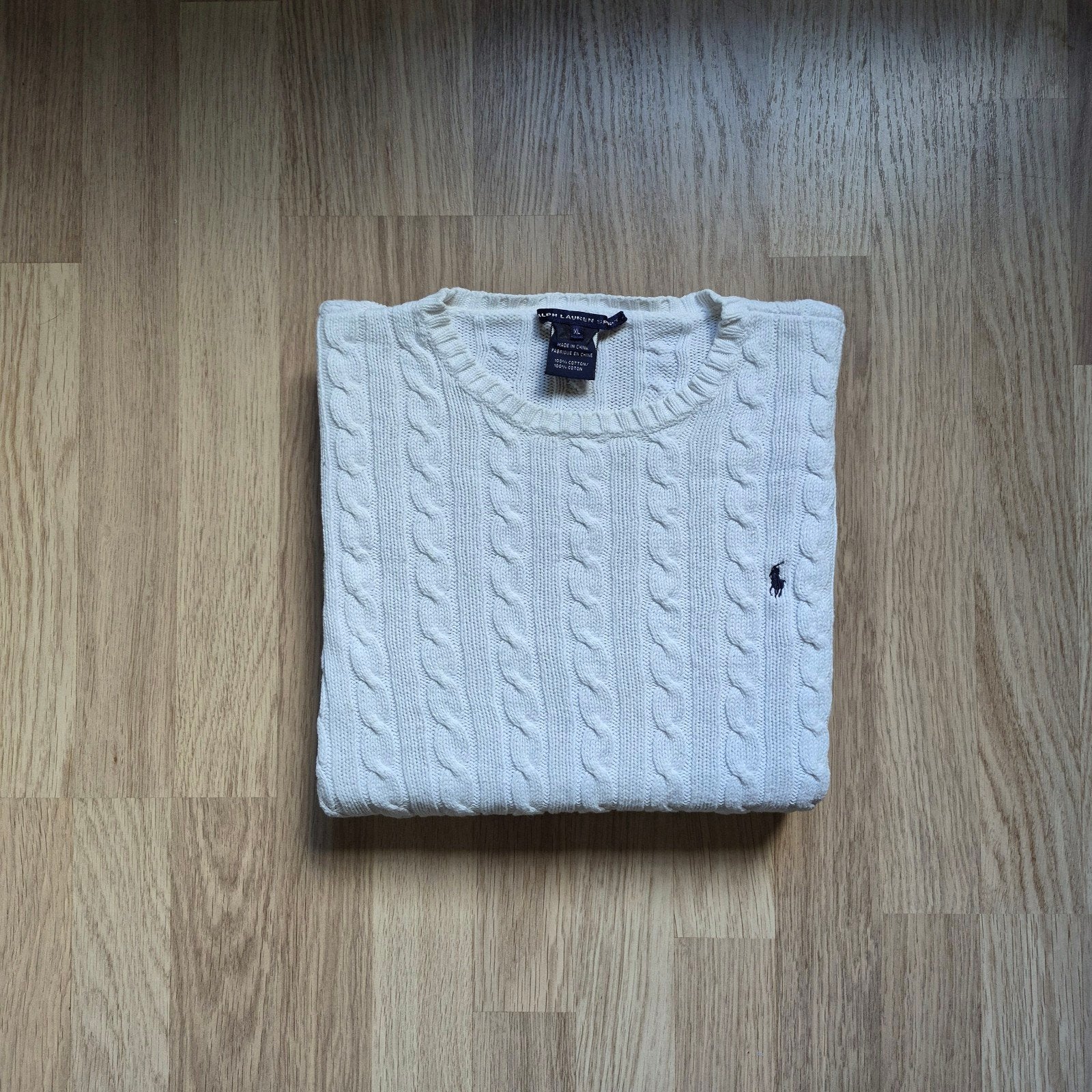 Pull torsadé Polo Ralph Lauren, blanc, logo poney bleu foncé, Enlèvement ou Envoi, Taille 56/58 (XL), Comme neuf, Polo Ralph Lauren