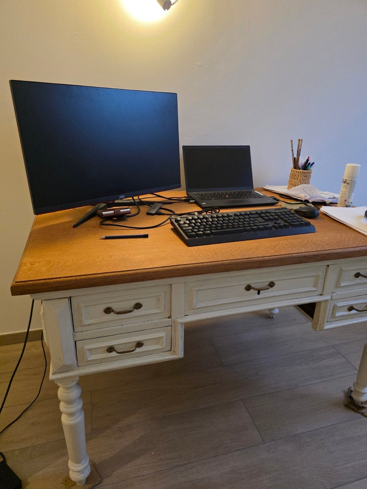 Bureau ancien en chêne – grand plateau – 5 tiroirs, Maison & Meubles, Bureaux, Autres marques, Bureau d'ordinateur, Utilisé, Bois