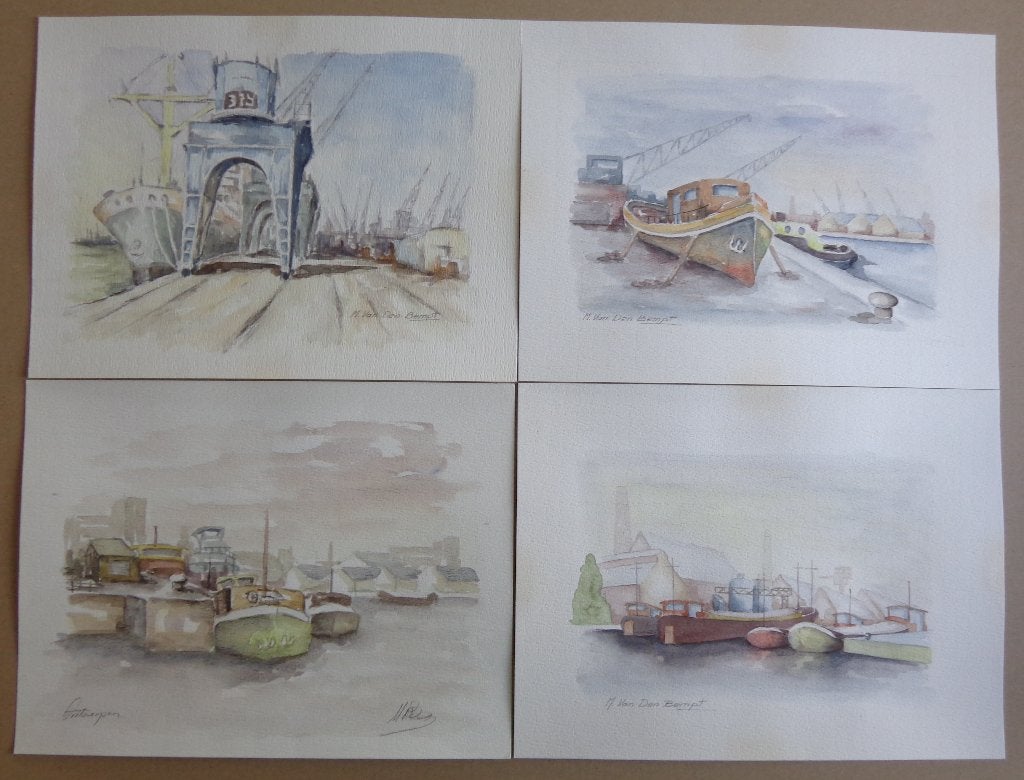 MARCEL VAN DEN BEMPT / 4 STUKS / ANTWERPEN ORIGINEEL 27x36cm, Antiquités & Art, Enlèvement ou Envoi, Aquarelle, Signé, Papier