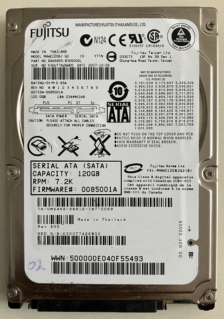 Fujitsu 2.5" 120 GB, Computers en Software, Harde schijven, Ophalen, Intern, Gebruikt, Laptop