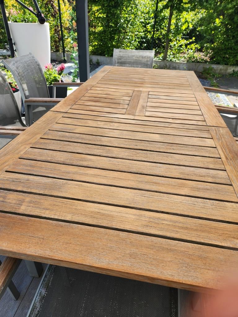 Teak tafel ijzeren poten 156/90cm verlengbaar zeergoedestaat, Tuin en Terras, Ophalen