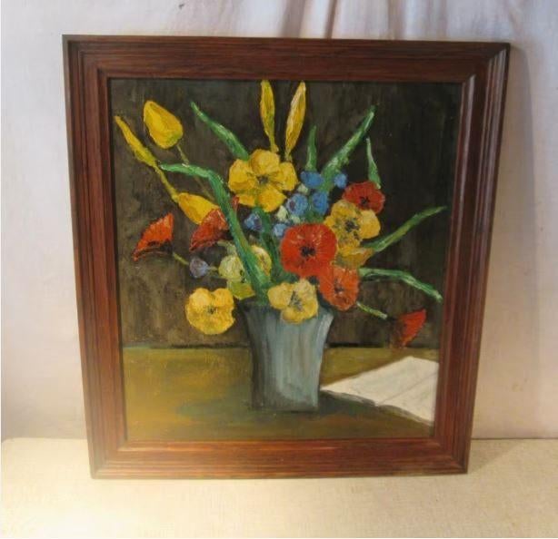 Mooi Oud Geschilderd Werk 'bloemen in Vaas' - 55x50, Antiek en Kunst, Ophalen of Verzenden