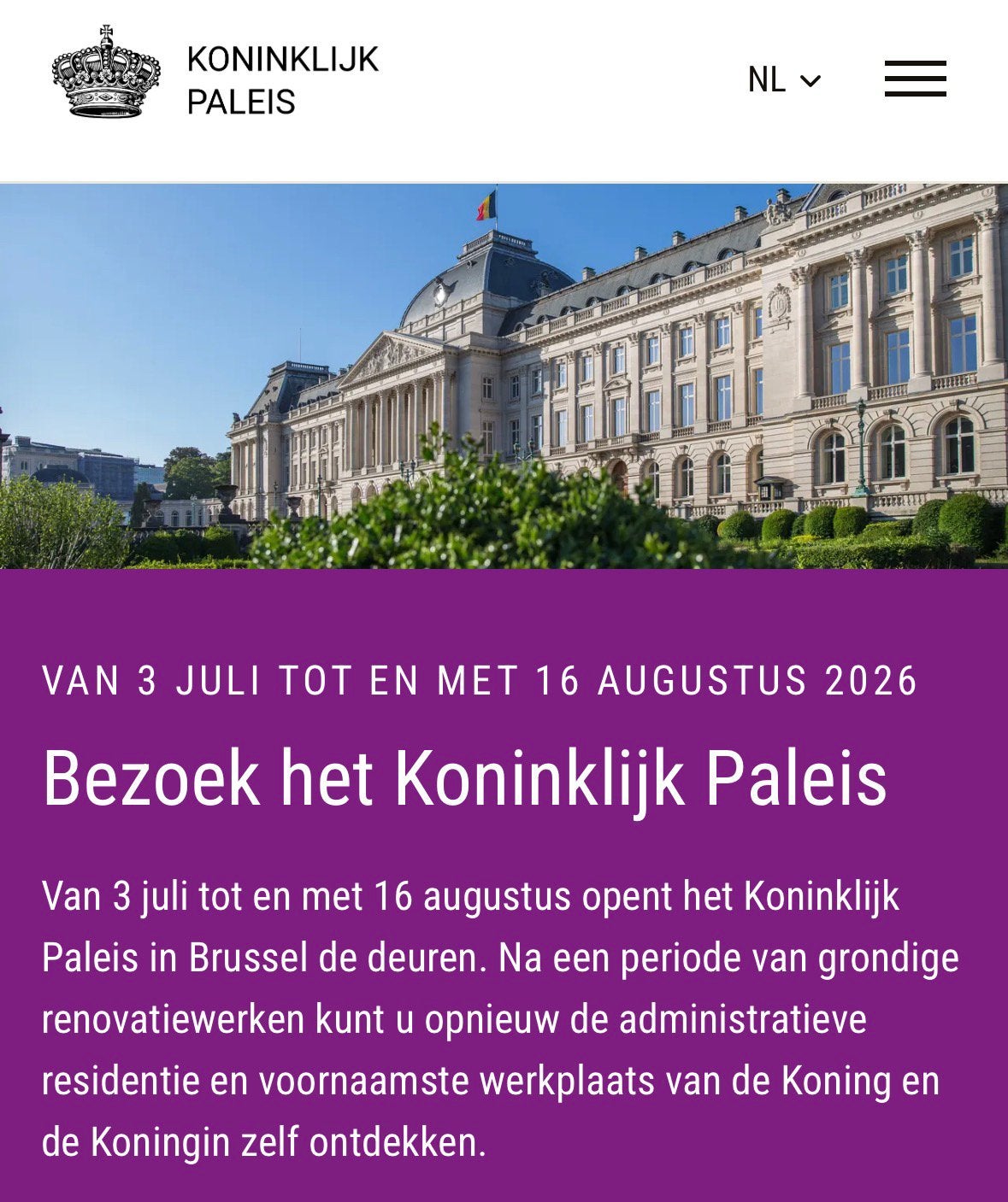 Tickets bezoek Koninklijk Paleis 25/7/2026, Tickets en Kaartjes, Eén persoon, Ticket of Toegangskaart