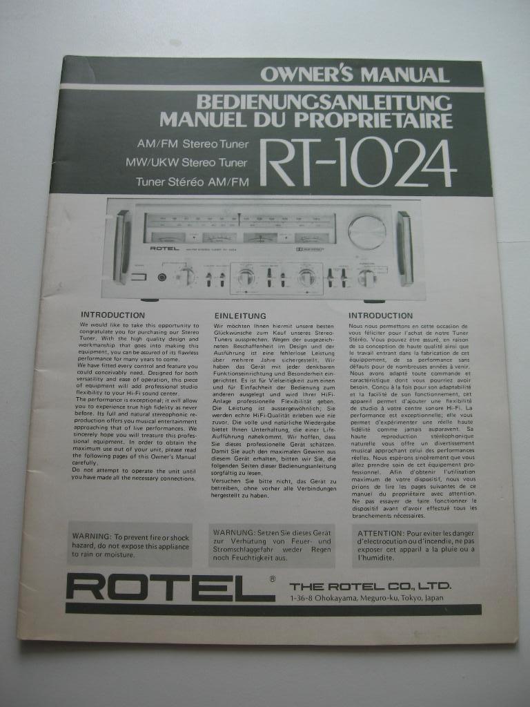 ROTEL RT 1024 INSTRUCTION MANUAL, Enlèvement ou Envoi, Neuf