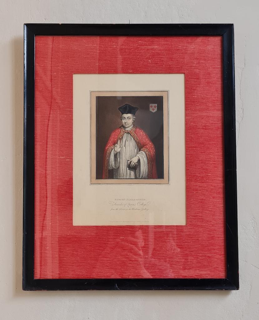 Victorian QUEEN COLLEGE OXFORD gravure silk, Ingelijst, Religie, Gravure, 48 cm