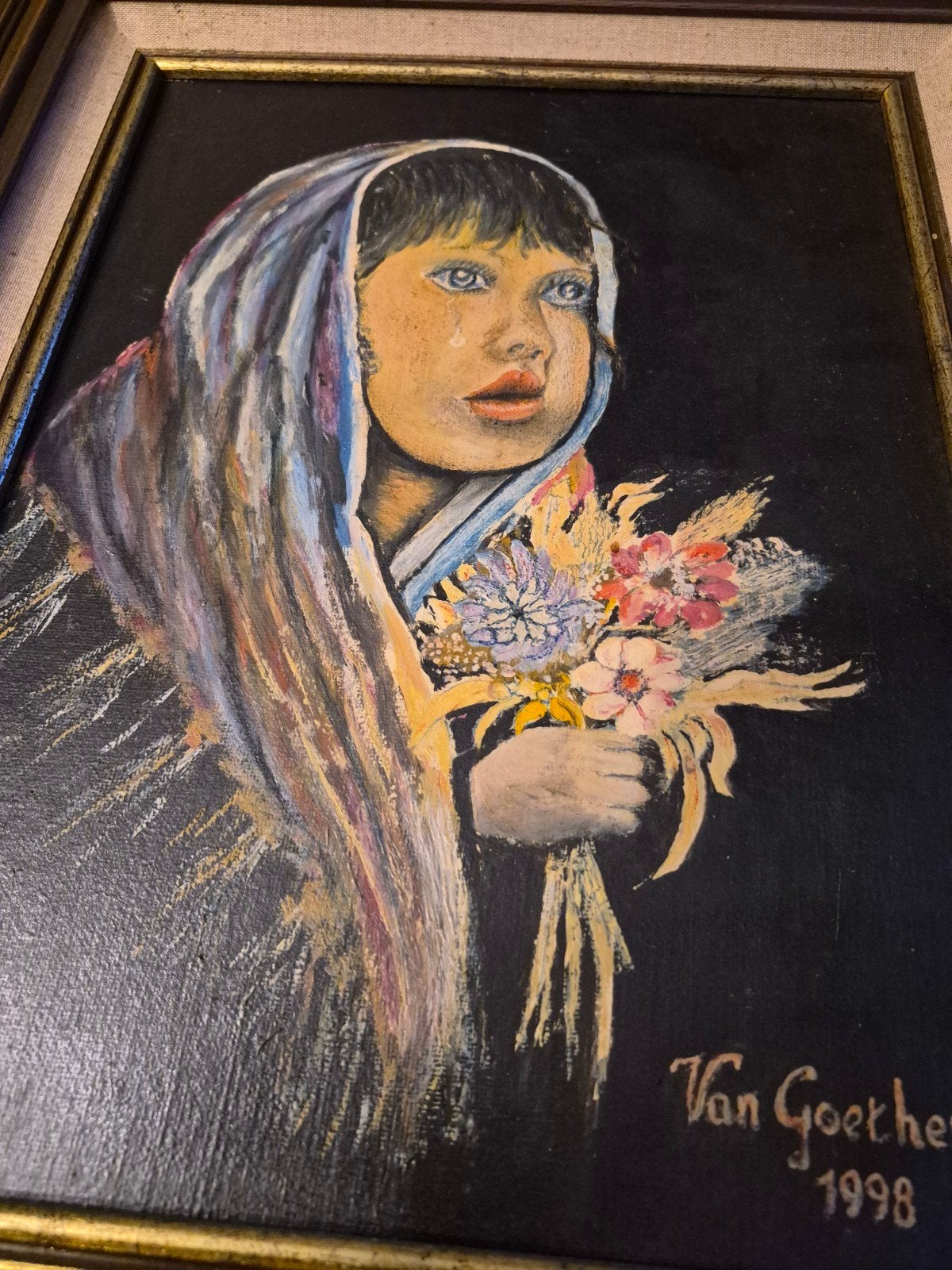 Krista with the Flowers" vintage schilderij Olieverf, Antiek en Kunst, Ophalen of Verzenden, Vintage, Gesigneerd, Olieverf