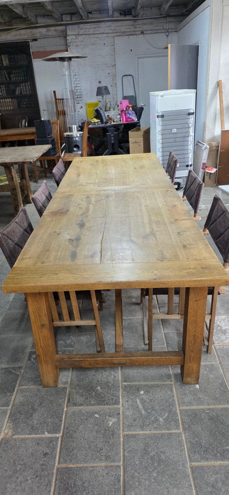 Grote boerentafel met 6 safari stoelen/ regisseur stoelen, Ophalen, Gebruikt, 6 tot 8 stoelen