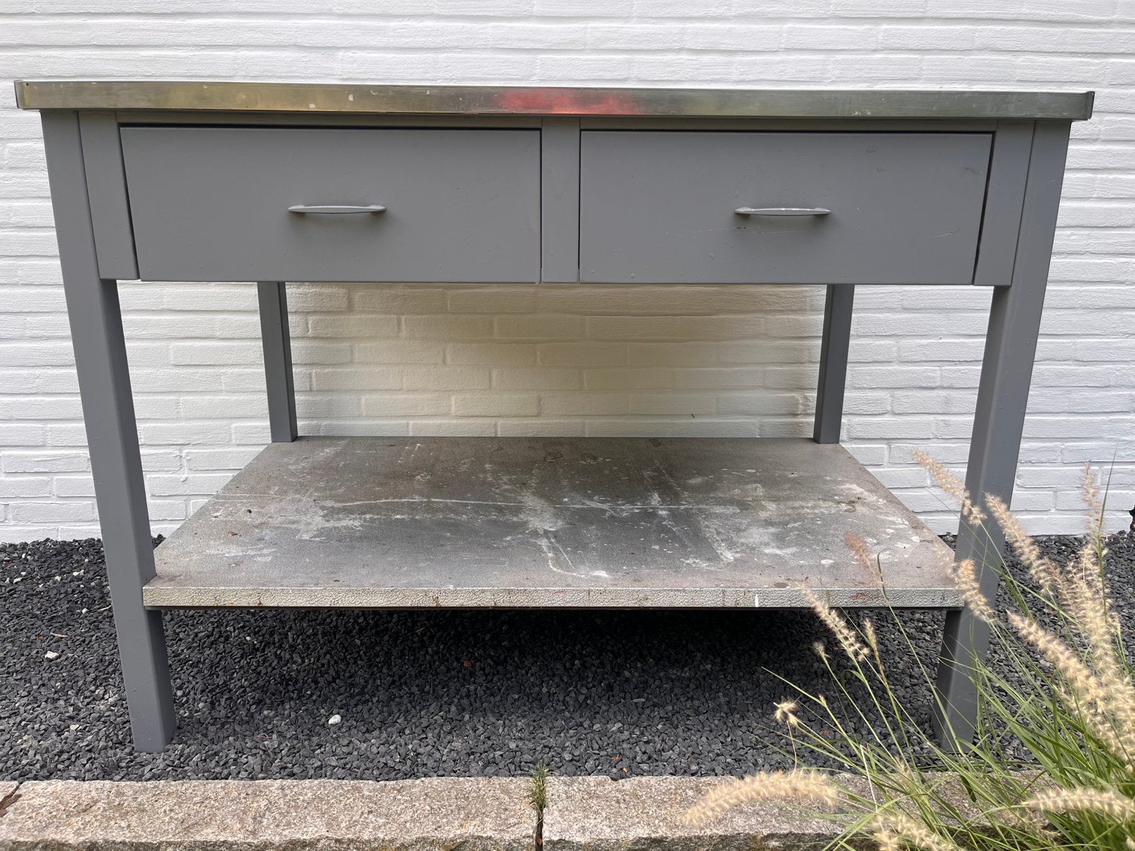 Metalen werkbank met inox werkblad., Doe-het-zelf en Bouw, Werkbanken, Ophalen, Gebruikt