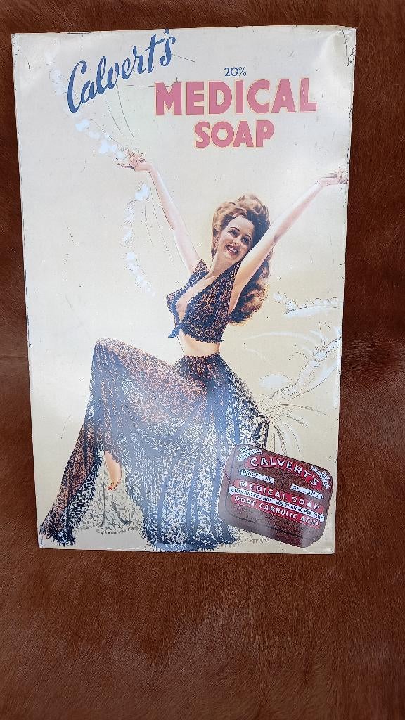 Panneau d'affichage en métal Calvert's Medical Soap 1950, Collections, Marques & Objets publicitaires, Comme neuf, Panneau publicitaire