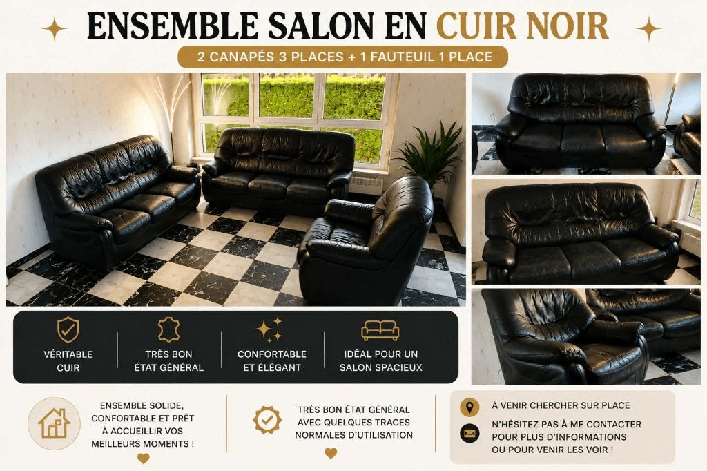Salon - Ensemble fauteuils - Cuir noir - 2x3 places 1 place, Maison & Meubles, 75 à 100 cm, Cuir, Enlèvement, Utilisé