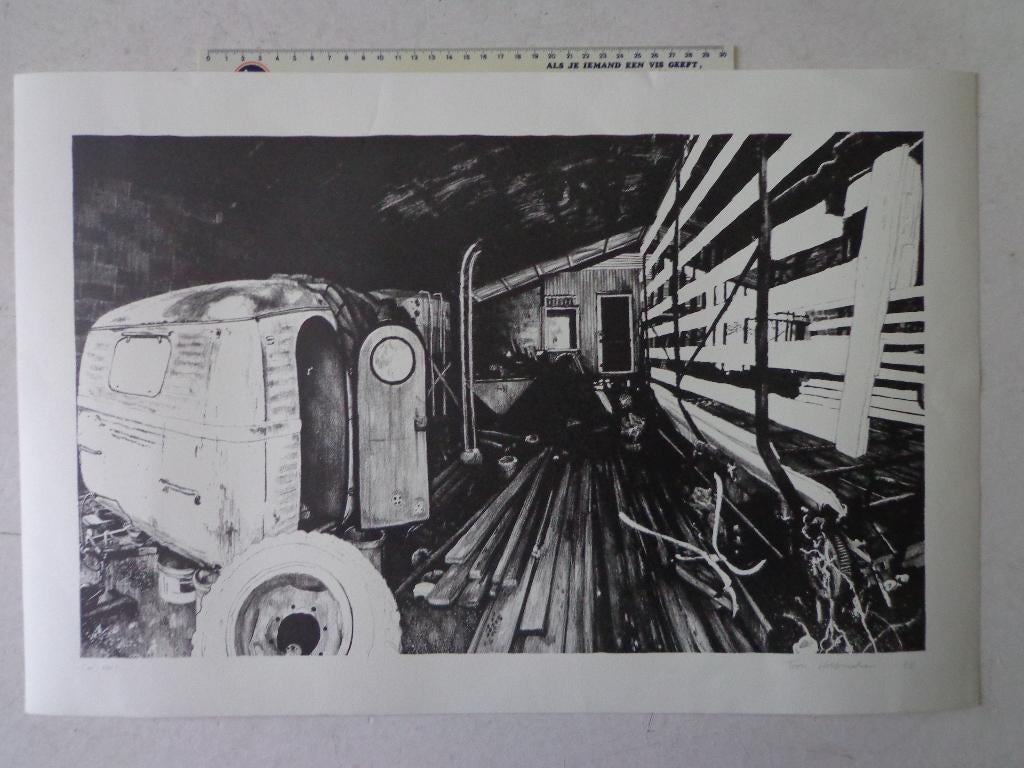 litho van Toon Verbraeken "Caravan en opslagplaats" 2017, Ophalen of Verzenden