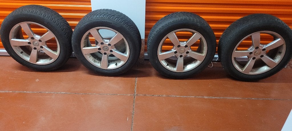 4 pneus hiver Continental ContiWinterContact + jantes Alu, Ophalen, Gebruikt, 16 inch, Banden en Velgen