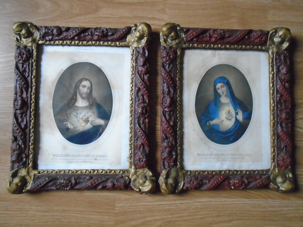 Religieuze kaders Jezus en Maria van uit het klooster, Antiek en Kunst, Ophalen of Verzenden