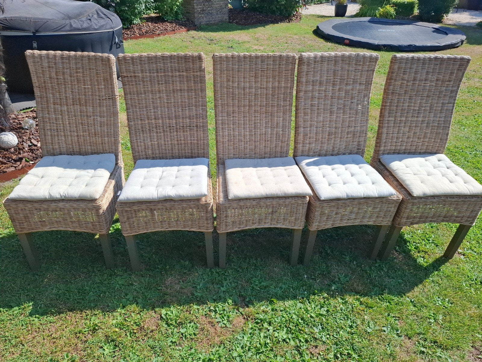 5 rotan stoelen + kussen in goede staat, Ophalen, Rotan