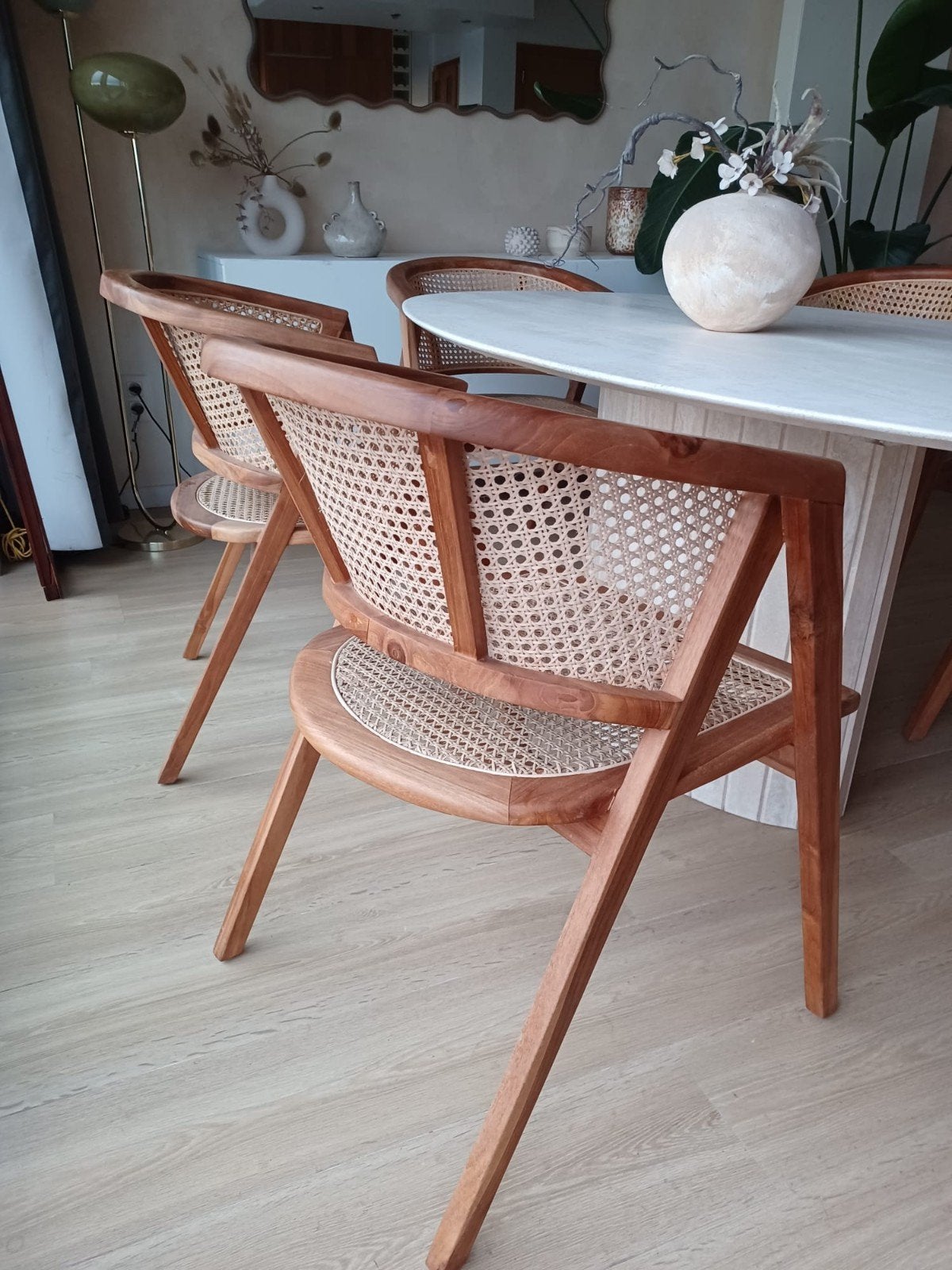 Stijlvolle houten stoelen met rotan 5 stuks., Huis en Inrichting, Ophalen