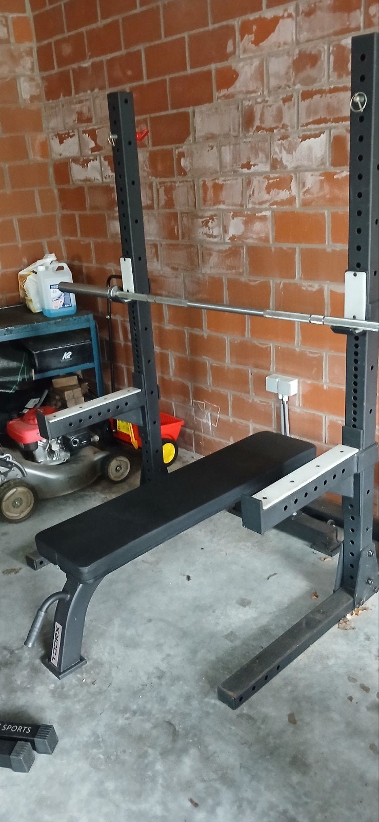 Squatrack met bankje en gewichten, Sport en Fitness, Ophalen, Gebruikt, Benen, Halterstangen