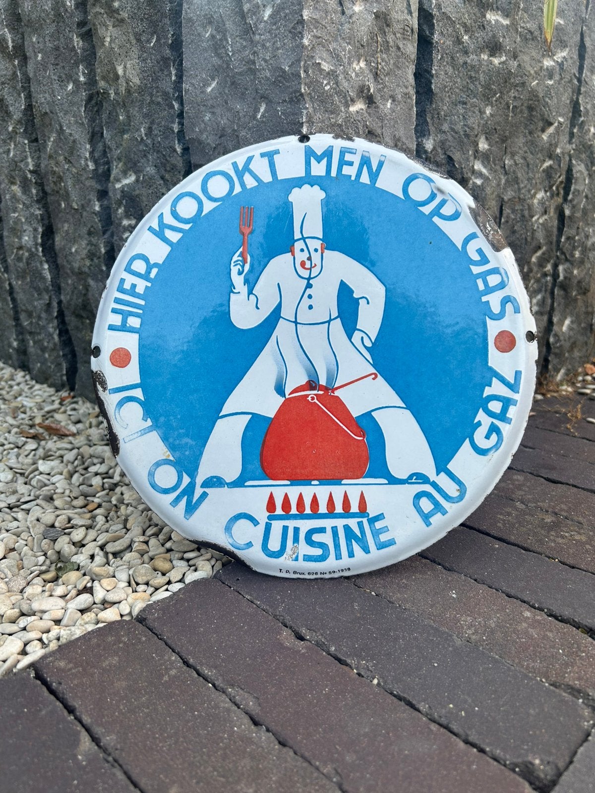 Emaillebord hier kookt men op gas // 1938, Verzamelen, Ophalen, Gebruikt, Reclamebord