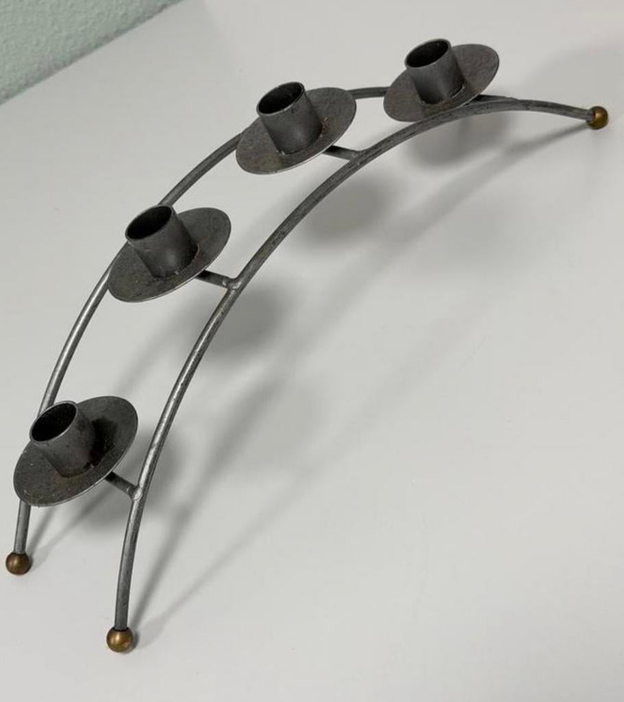 Vintage metalen kandelaar – 4-armig – ijzer – 37 x 10 cm, Ophalen of Verzenden, Zo goed als nieuw, Grijs, Metaal