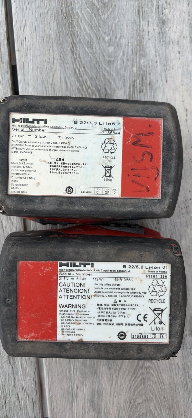 2x Hilti accu 21,6V – B22/5.2 + B22/3.3 Li-Ion, Utilisé