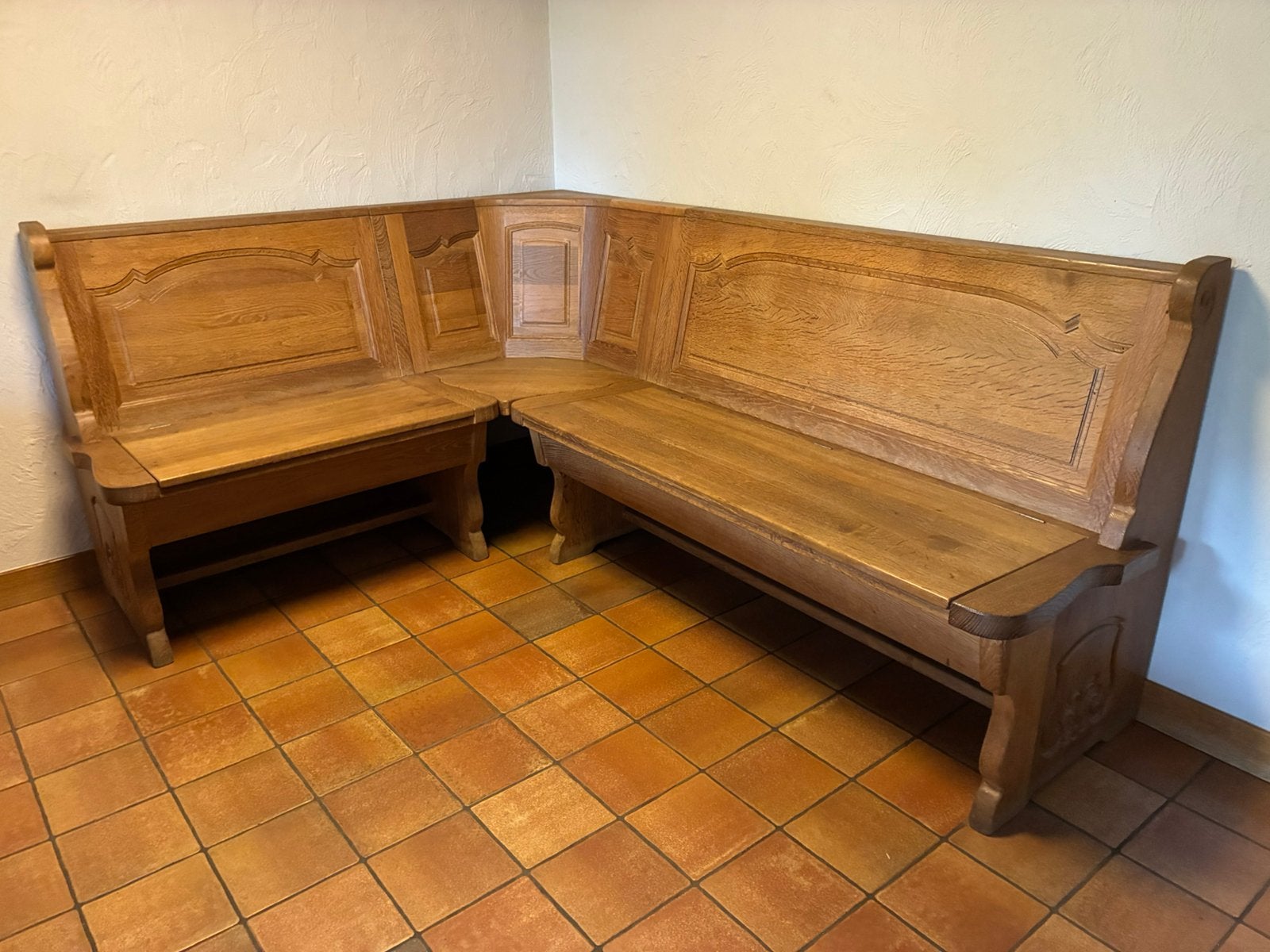 Houten hoekbank, Huis en Inrichting, Ophalen, Gebruikt, Bruin, Vijf, Zes of meer stoelen