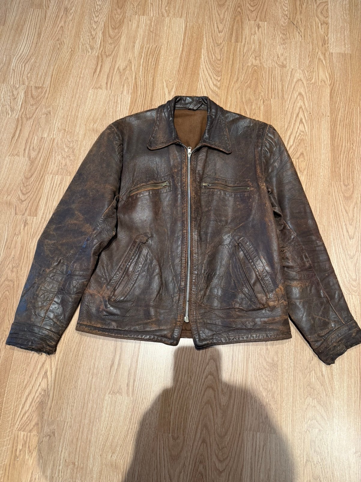 Vintage / retro jaren 40/50 bruinen lederen jas, Kleding | Heren, Ophalen of Verzenden, Gedragen, Maat 48/50 (M), Bruin