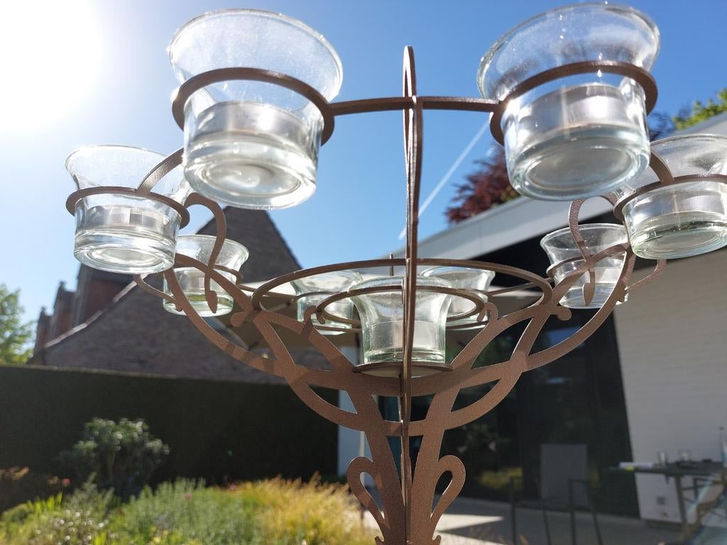 Art Nouveau theelichthouder met 9 vuurvaste glaasjes., Ophalen, Zo goed als nieuw, Metaal, Kandelaar
