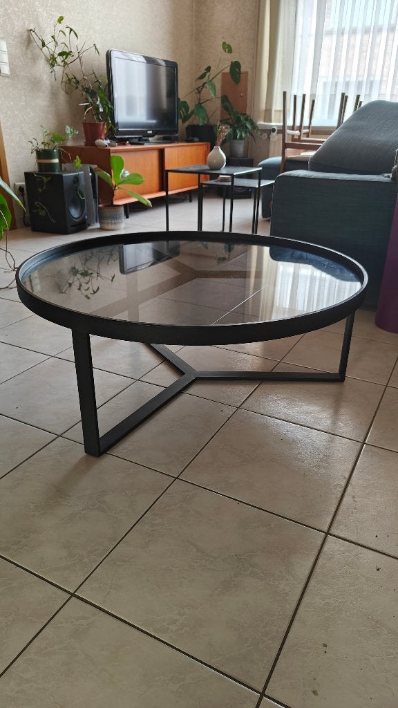 Table basse design ronde "Aula" – Noire, Verre, Rond, 50 à 100 cm, Comme neuf