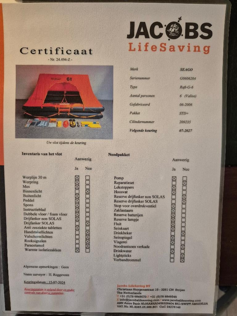 CSM SEAGO REDDINGSVLOT in tas. 6 persoons. Cert 07-2027, Watersport en Boten, Ophalen, Zo goed als nieuw, Overige typen