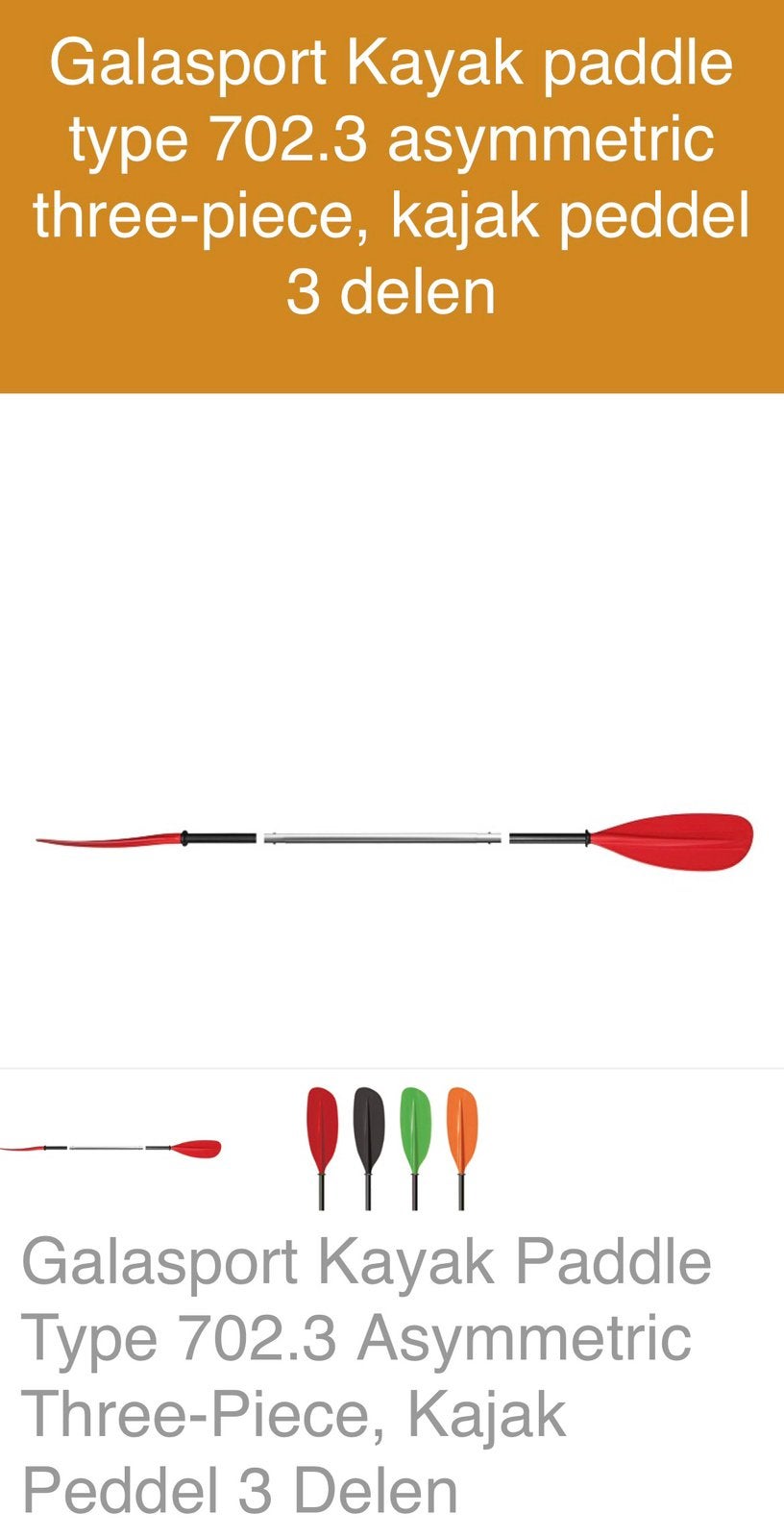 Kajak peddel merk Galasport 230 cm kleur rood, Sports nautiques & Bateaux, Canoës, Enlèvement, Comme neuf, Kayak