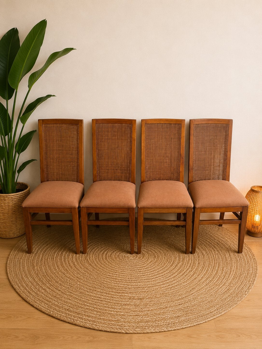 Lot de 4 chaises vintage cannées en bois massif, Enlèvement, Utilisé, Bois, Quatre