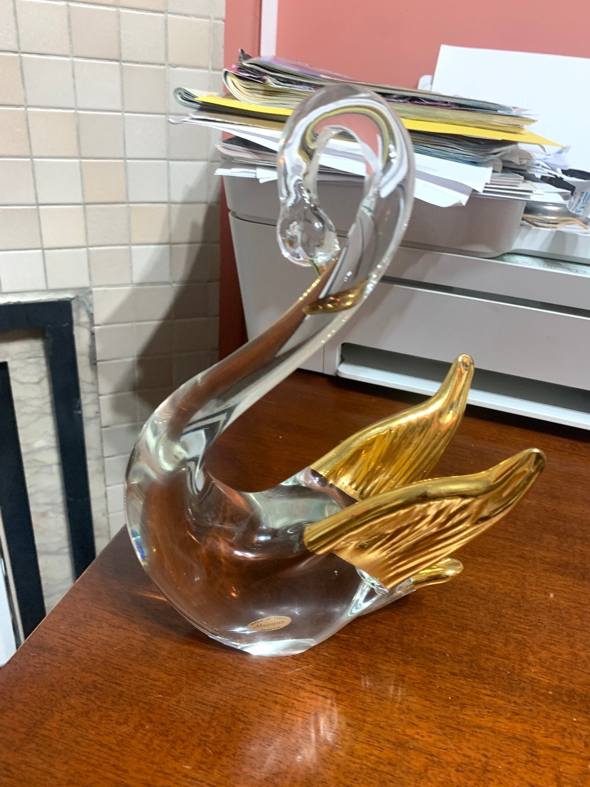 Magnifique cygne en cristal aux ailes dorées, Mammifère, Statue, Art deco, Doré