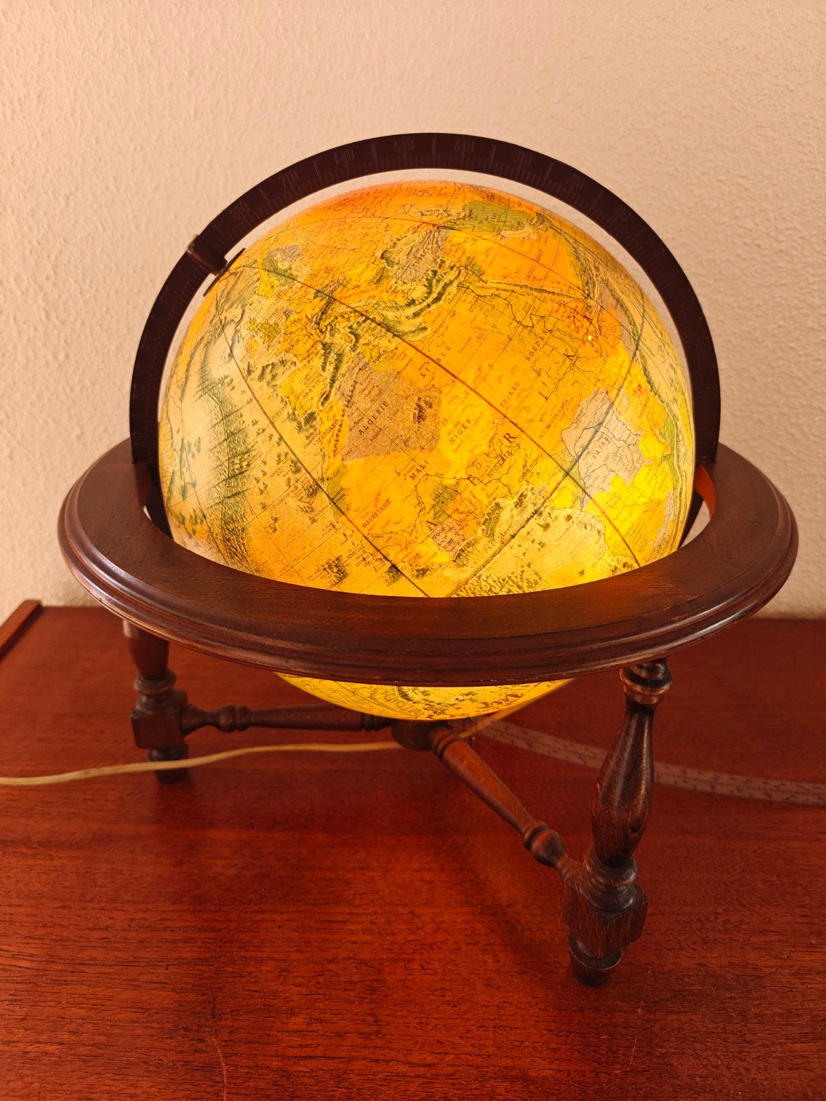 Vintage lichtgevende wereldbol Replogle in houten standaard, Ophalen